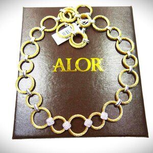 ALOR $1495 18K White Gold Stainless Steel and 0.25ct Pave Diamonds Necklace